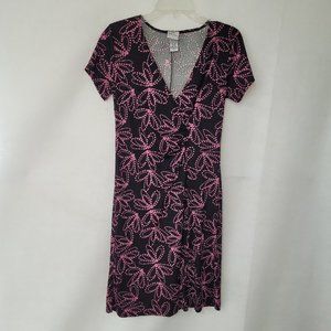 Giorgio Fiorlini Collection Dress S Black Pink Dot Print Wrap Style Knee‎ Length